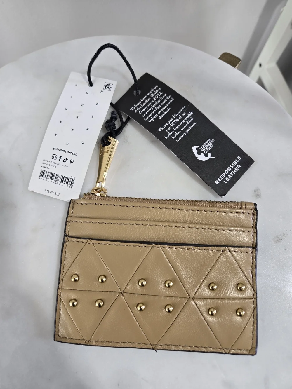 Aimee Kestenberg Tan Quilted Leather Cardholder with Gold Studs